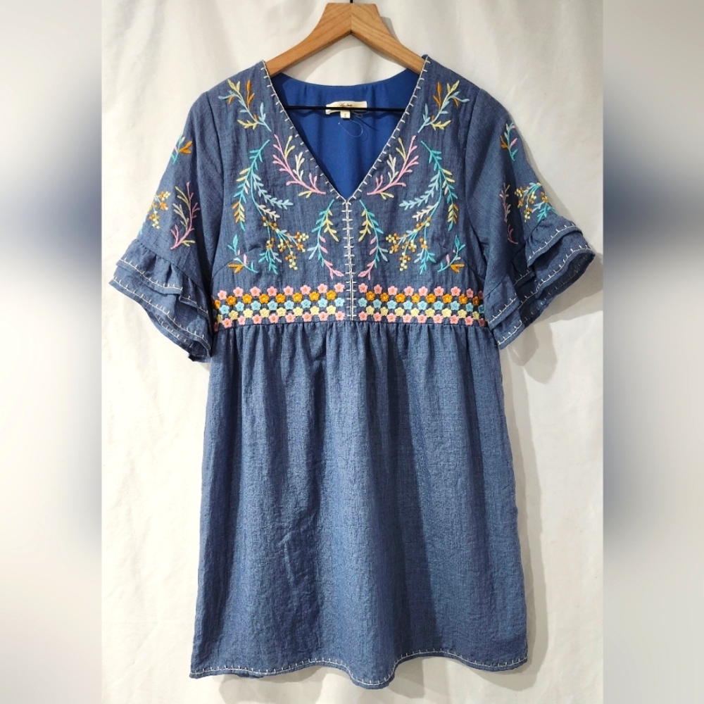 Andree By Unit Pastel‎ Floral Chambray Dress Size S Coastal Cowgirl Western Boho